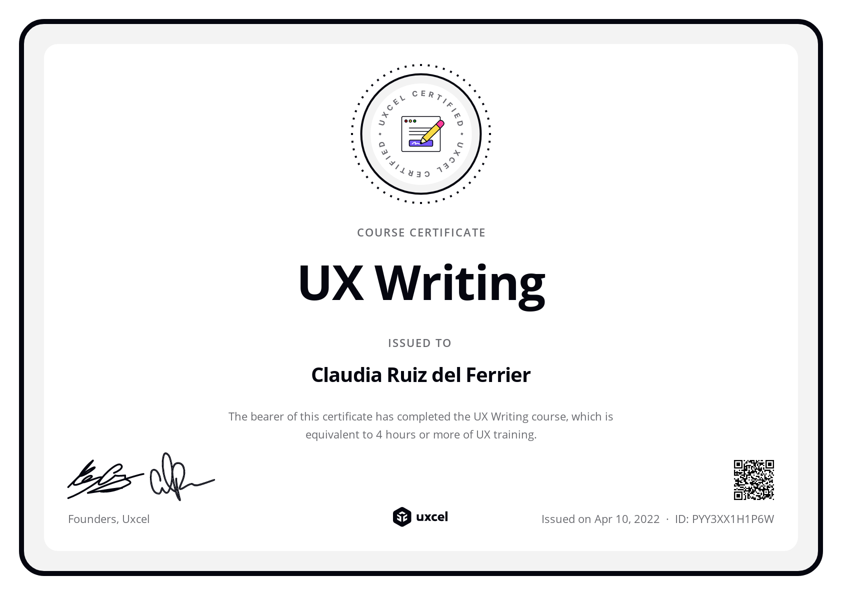 Claudia Ruiz del Ferrier's certificate